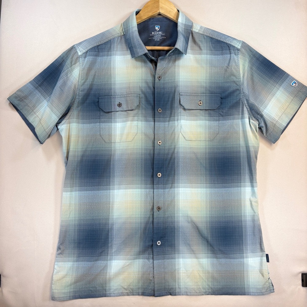 Kuhl Response Shirt Mens Large Blue Plaid Short Sleeve Button Down Hiking Travel